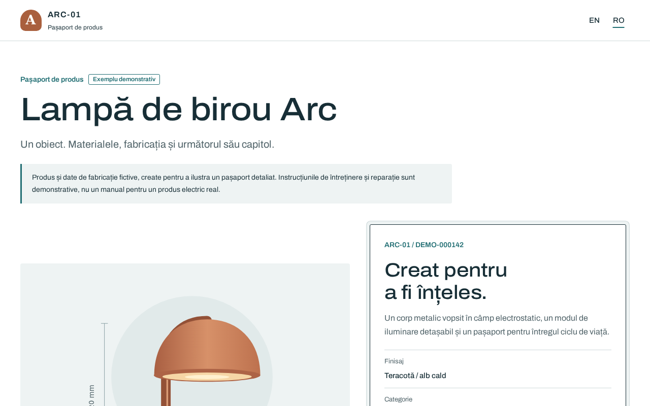 Captură a pașaportului demonstrativ cu ilustrația lămpii Arc, detaliile produsului, codul QR și PDF-ul pentru reparații